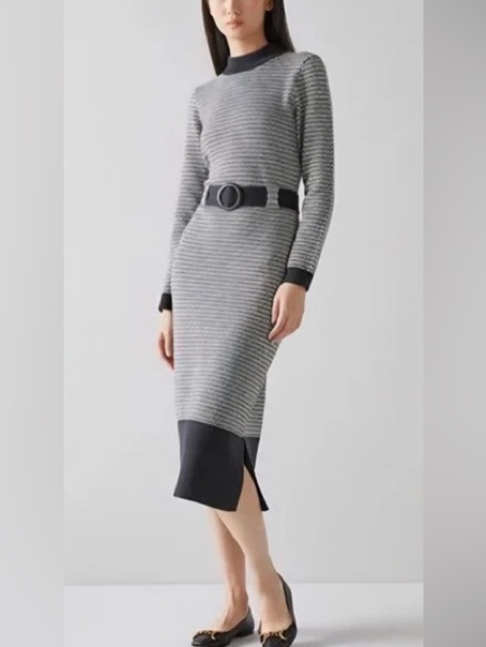 LK Bennett Black and White Long Sleeve Knit Belted Dress